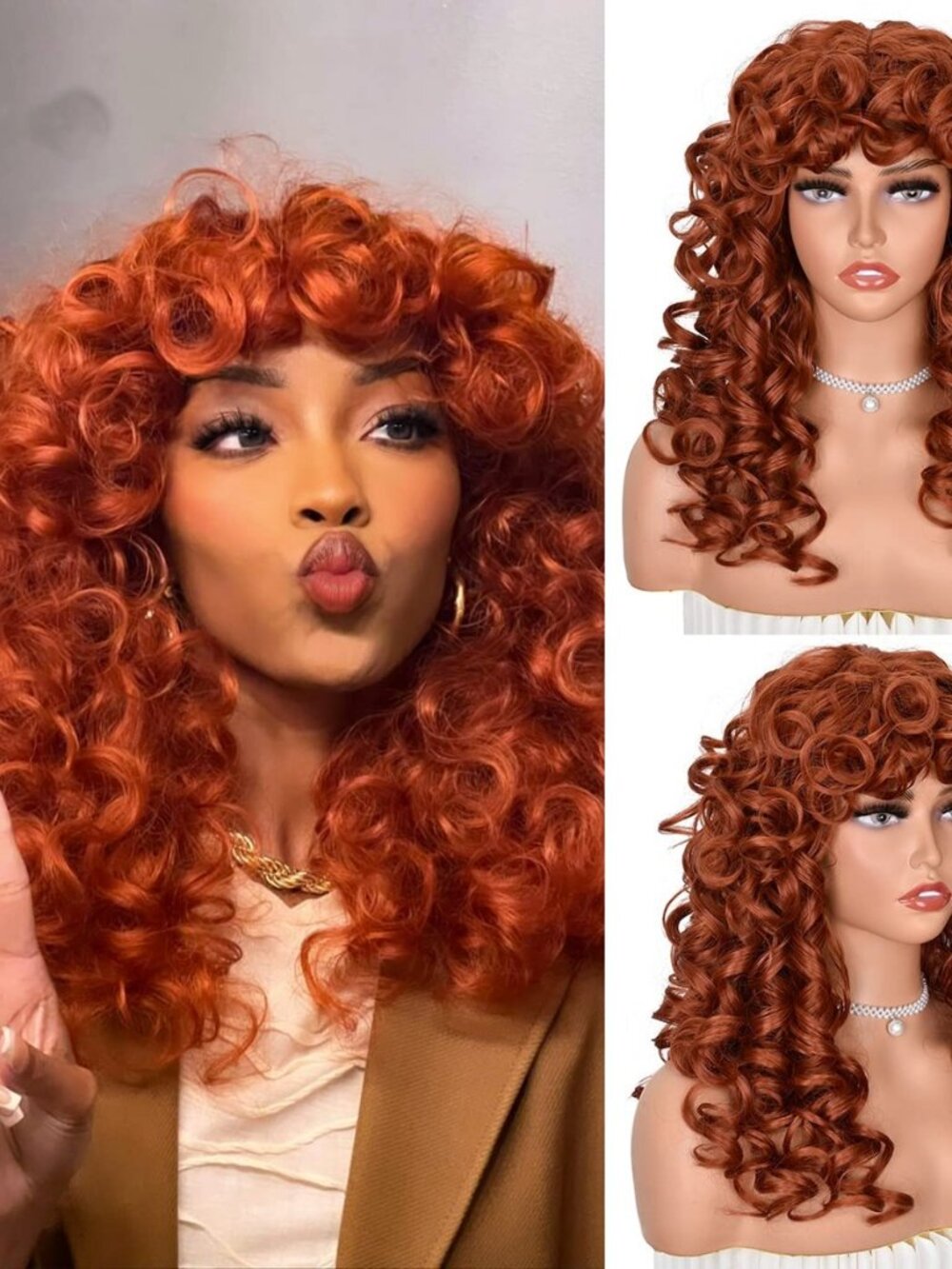 Copper Curly Wigs for Black Women Long Curly Afro Wig with Bangs for Women Big